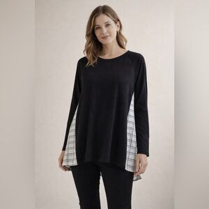 Gilli Women’s Boxy Mixed Media Tunic Top Black Plaid Long Sleeve Lagenlook S
